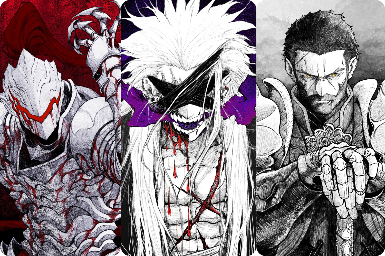 This image contains three character designs from the novel 'The Fidelity of a Snake'.